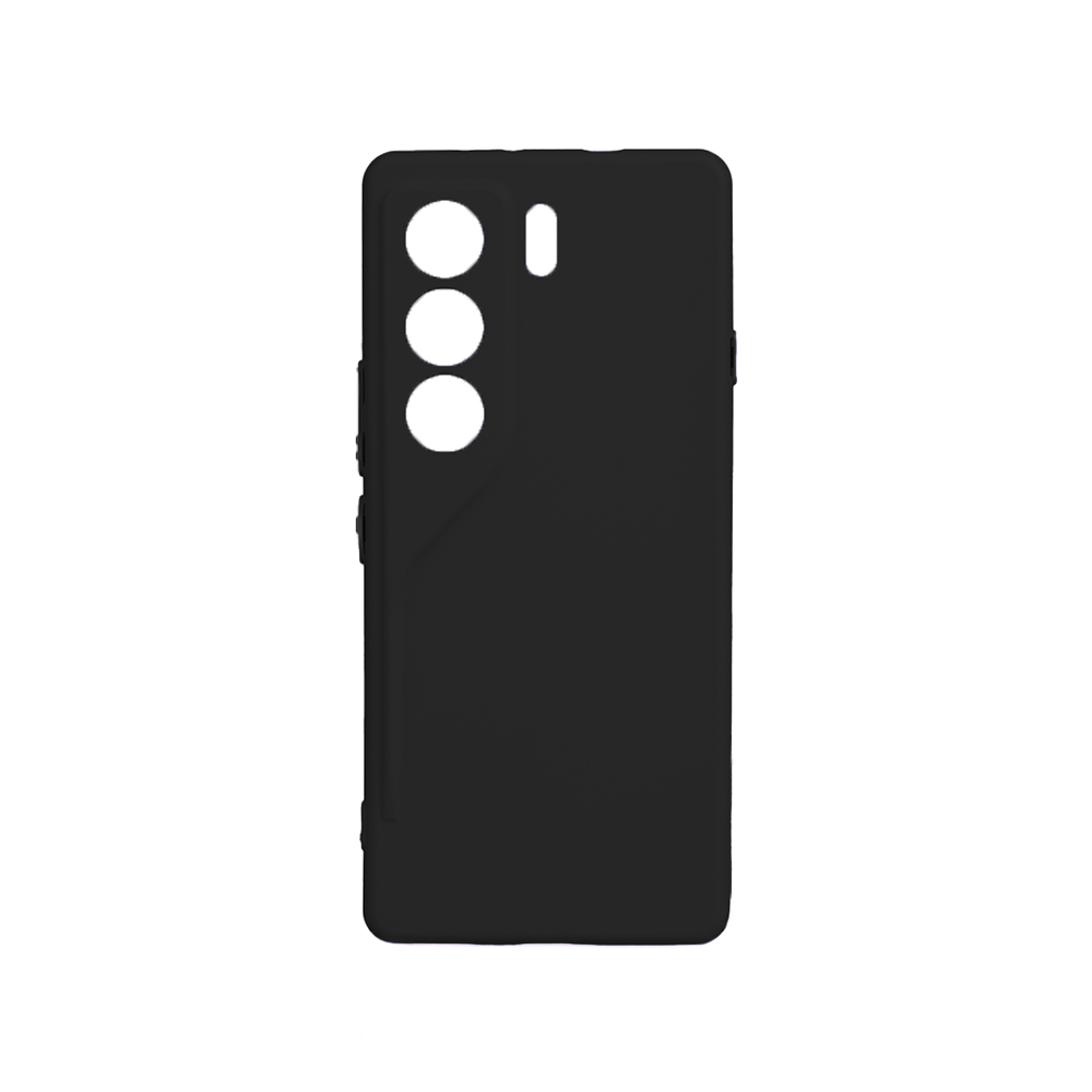 Üç dairesel kamera oyuğu ve yan tarafta küçük bir dikdörtgen oyuk bulunan siyah bir telefon kılıfı. Arka plan beyazdır.