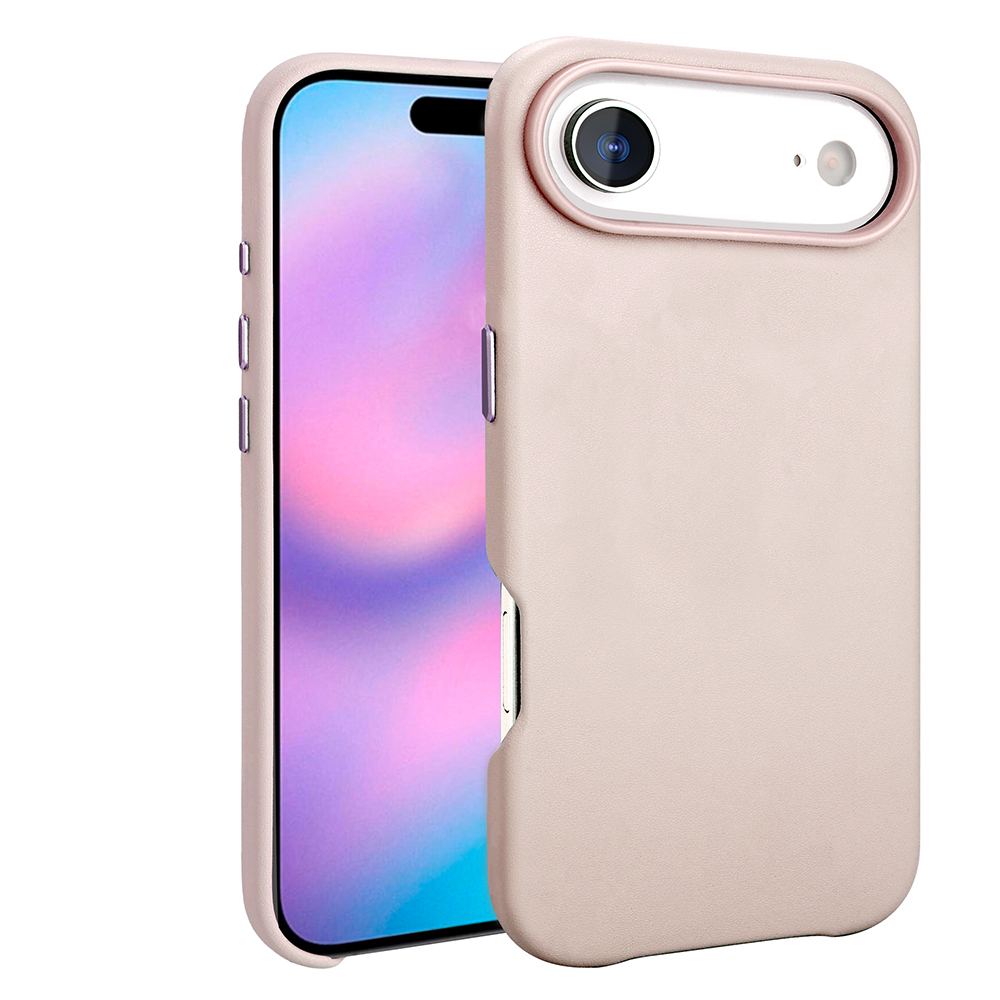 İçinde bir telefon bulunan pembe bir telefon kılıfı. Kılıfın kamera kesimi ve düğmeleri var. Ekran renkli bir görüntü gösteriyor.