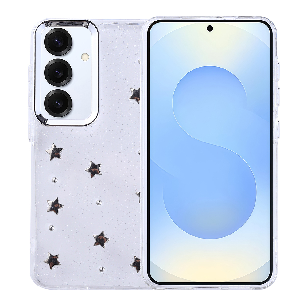 Yıldız ve nokta desenli şeffaf telefon kılıfı, bir akıllı telefonu kaplar. Telefonun bir ekranı ve kamera dizisi vardır. Yıldızlar parıltılı bir etkiye sahiptir.