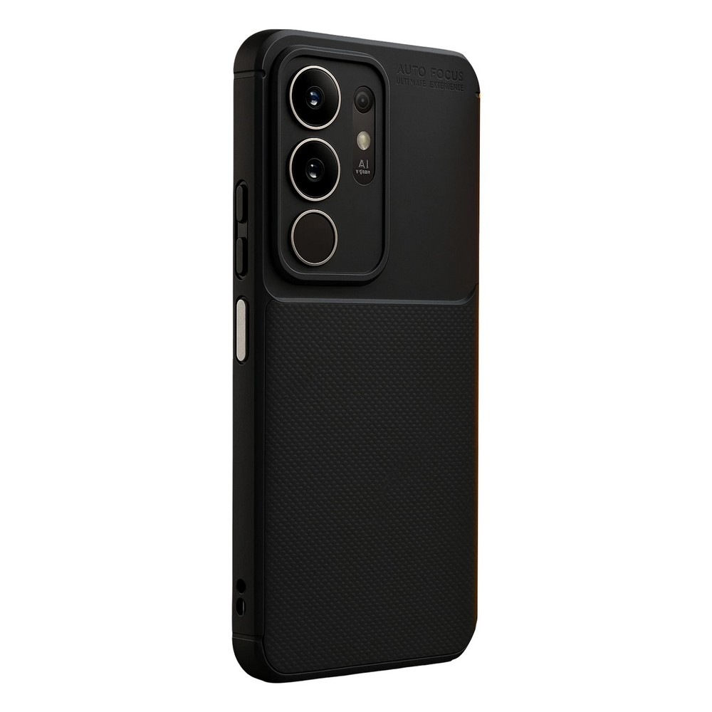 Kamera modülüne sahip siyah bir telefon kılıfı. Üç kamera merceğine, yapay zeka detaylarına ve AUTO FOCUS etiketine sahip. Dokusu ızgara gibidir.