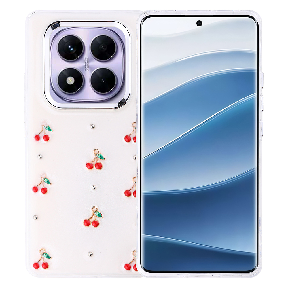 Kırmızı kiraz desenli bir telefon kılıfı ve mavi-beyaz tasarımlı bir telefon ekranı.
