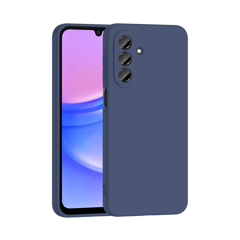Mavi bir telefon kılıfı ve bir telefon. Telefon açık ve bir ekran gösteriyor. Kılıfın kamera delikleri var.