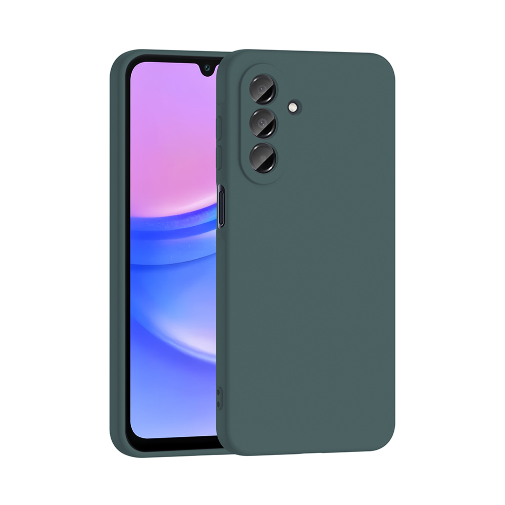 İçinde bir telefon bulunan turkuaz bir telefon kılıfı. Telefon pembe bir ekran gösteriyor. Kılıfın üç kamera deliği var.