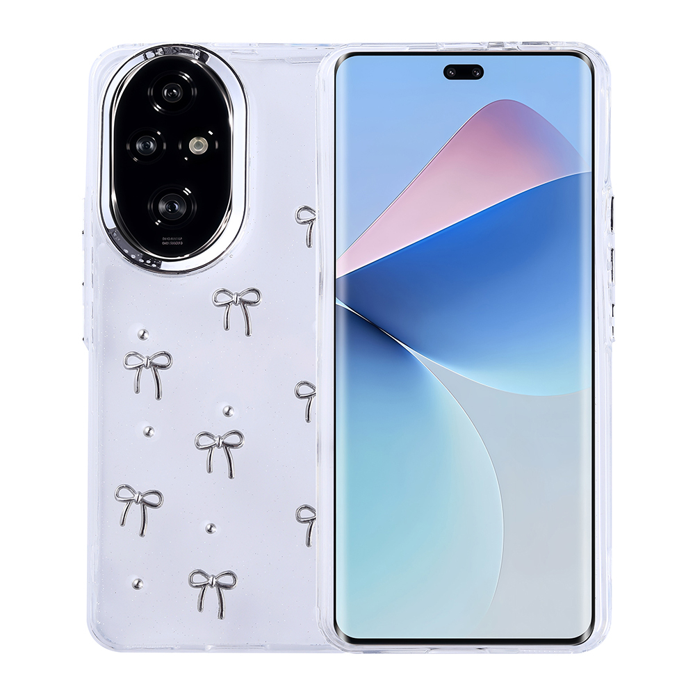 Gümüş kurdeleli şeffaf telefon kılıfı ve içinde bir telefon. Ekran mavi ve pembe bir degrade gösteriyor.