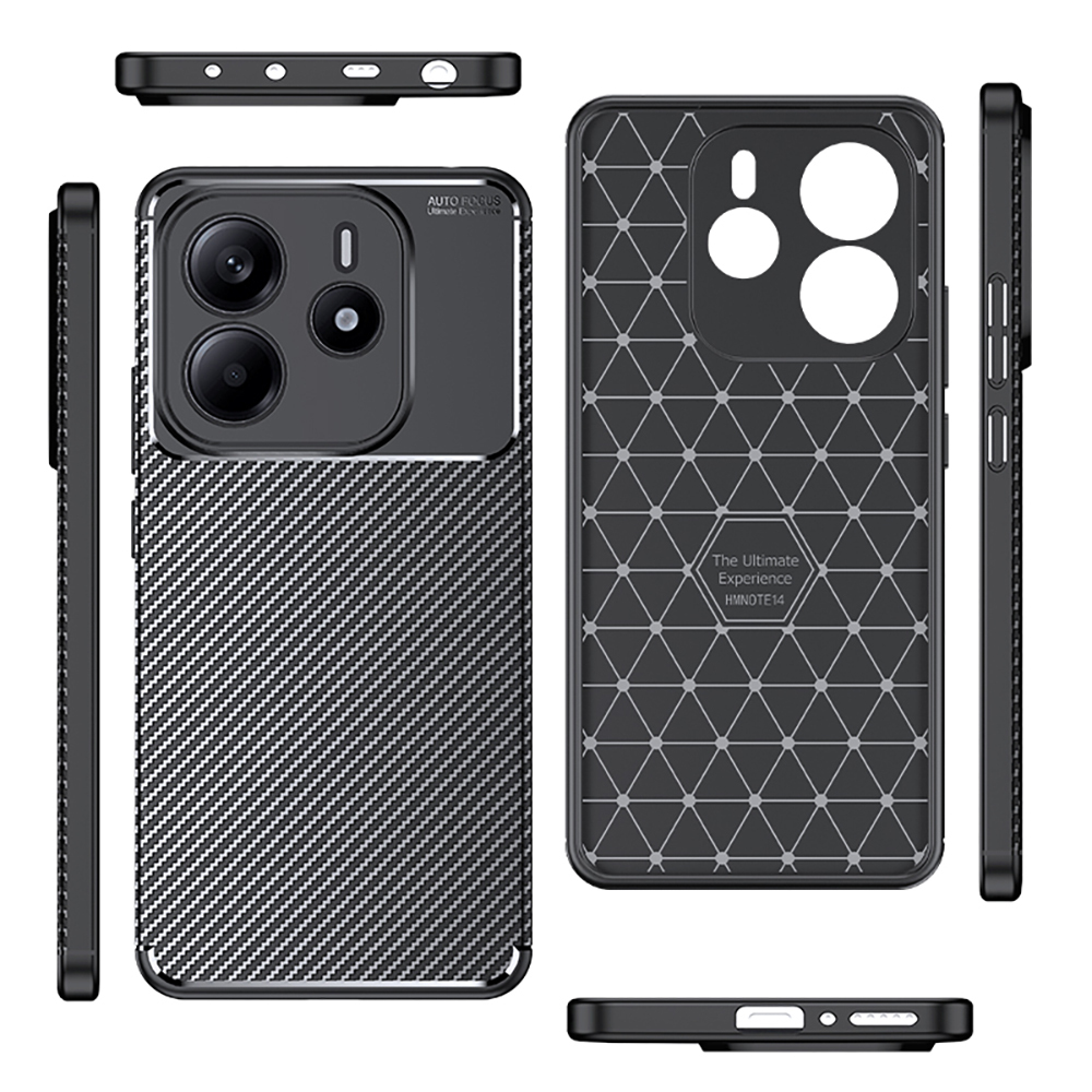 Karbon fiber dokulu ve geometrik desenli siyah telefon kılıfı. Kamera açıklıkları, düğmeler ve 'The Ultimate Experience' metni içerir.