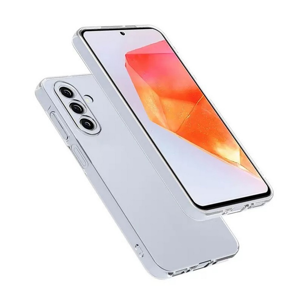 İki şeffaf telefon kılıfı. Biri açılı, turuncu ve beyaz soyut sanat içeren bir telefon ekranını gösteriyor.