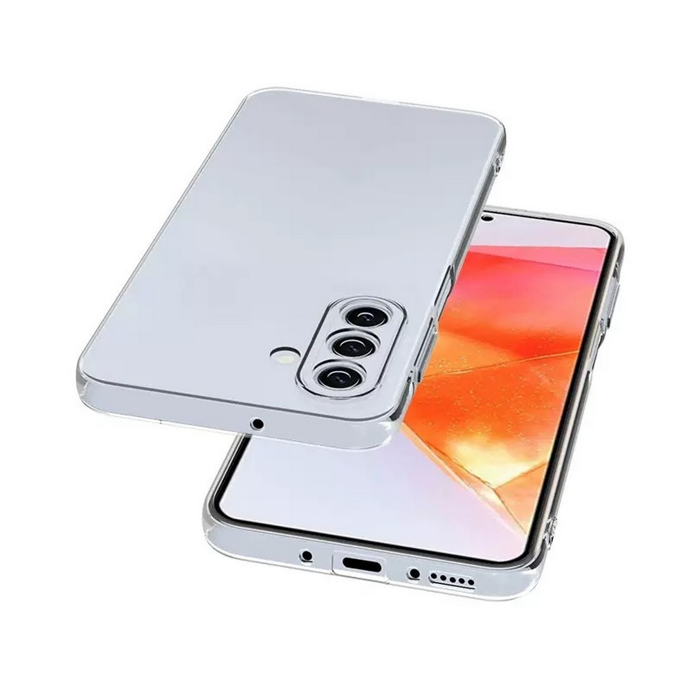 Üç kamera lensi görülebilen şeffaf bir telefon kılıfı gösteriliyor. Telefon ekranı turuncu tonlu bir görüntü sergiliyor.
