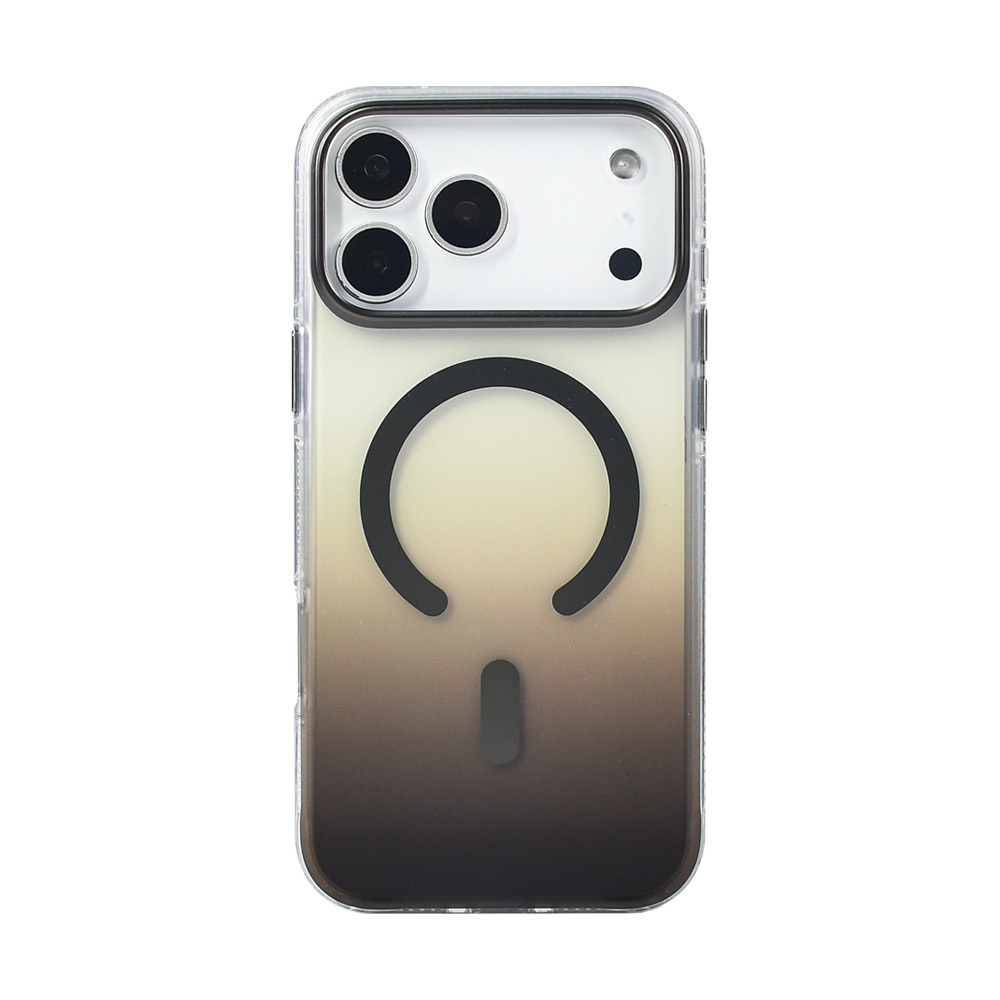 Şeffaf kılıflı bir iPhone. Kılıfın siyah bir halkası ve dikey bir çubuğu var, bejden kahverengiye doğru bir degrade arka planla.