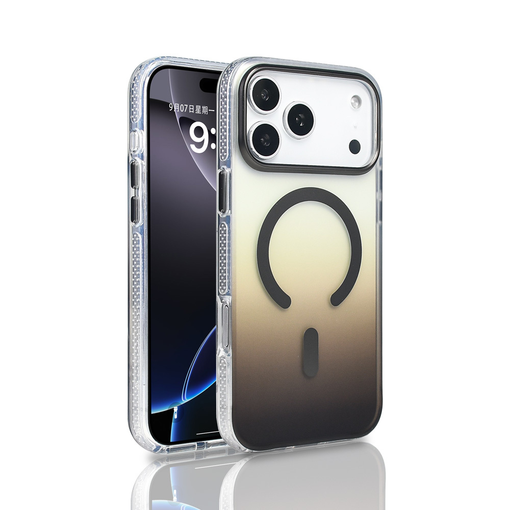 Şeffaf kılıflı bir iPhone, gradyan renk ve siyah halka tasarımı ile telefonun arkasını gösteriyor.