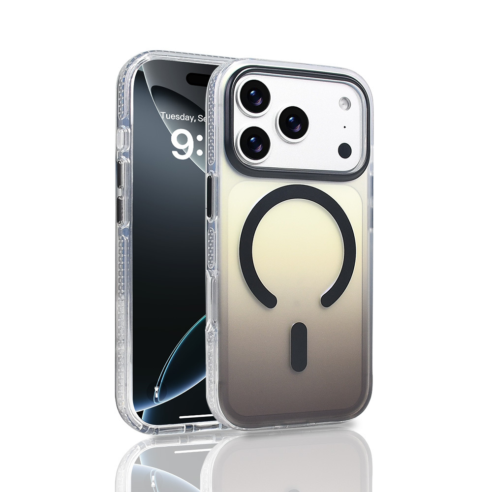 Şeffaf kılıflı bir iPhone 14 Pro. Kılıfın siyah bir manyetik halkası ve siyah bir dikdörtgeni var. Ekran zamanı gösteriyor.