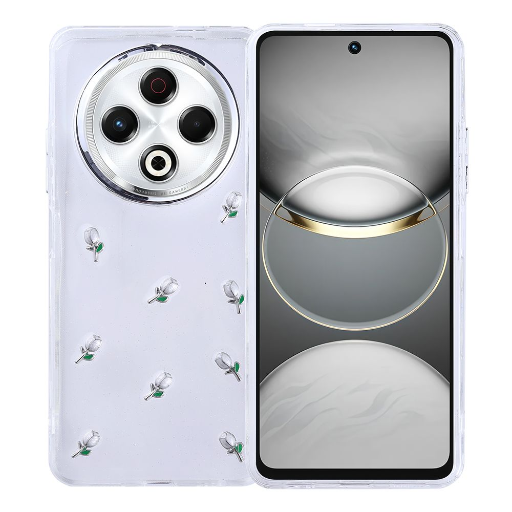 Şeffaf bir kılıf içinde bir telefon. Kılıf, yeşil saplı küçük beyaz çiçeklerle süslenmiştir. Telefonun büyük bir kamera modülü var.
