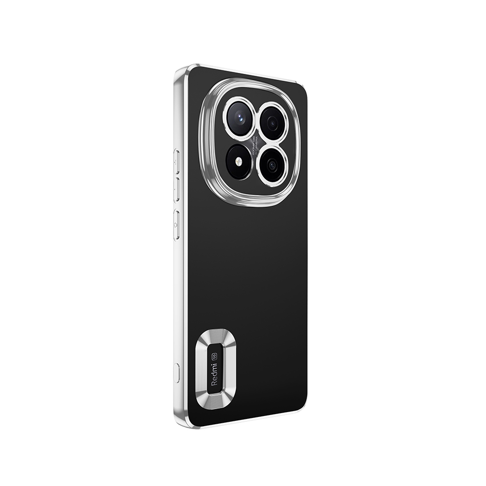 Şeffaf kılıflı siyah bir akıllı telefon. Kılıfın gümüş bir çerçevesi ve dört lensli bir kamera modülü var. Redmi logosu arkada.