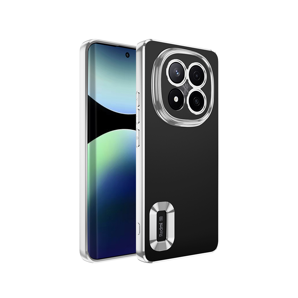 Kılıf içinde siyah bir akıllı telefon. Telefonun gümüş bir çerçevesi ve kamera modülü ve Redmi logosu olan siyah bir arka yüzü var.