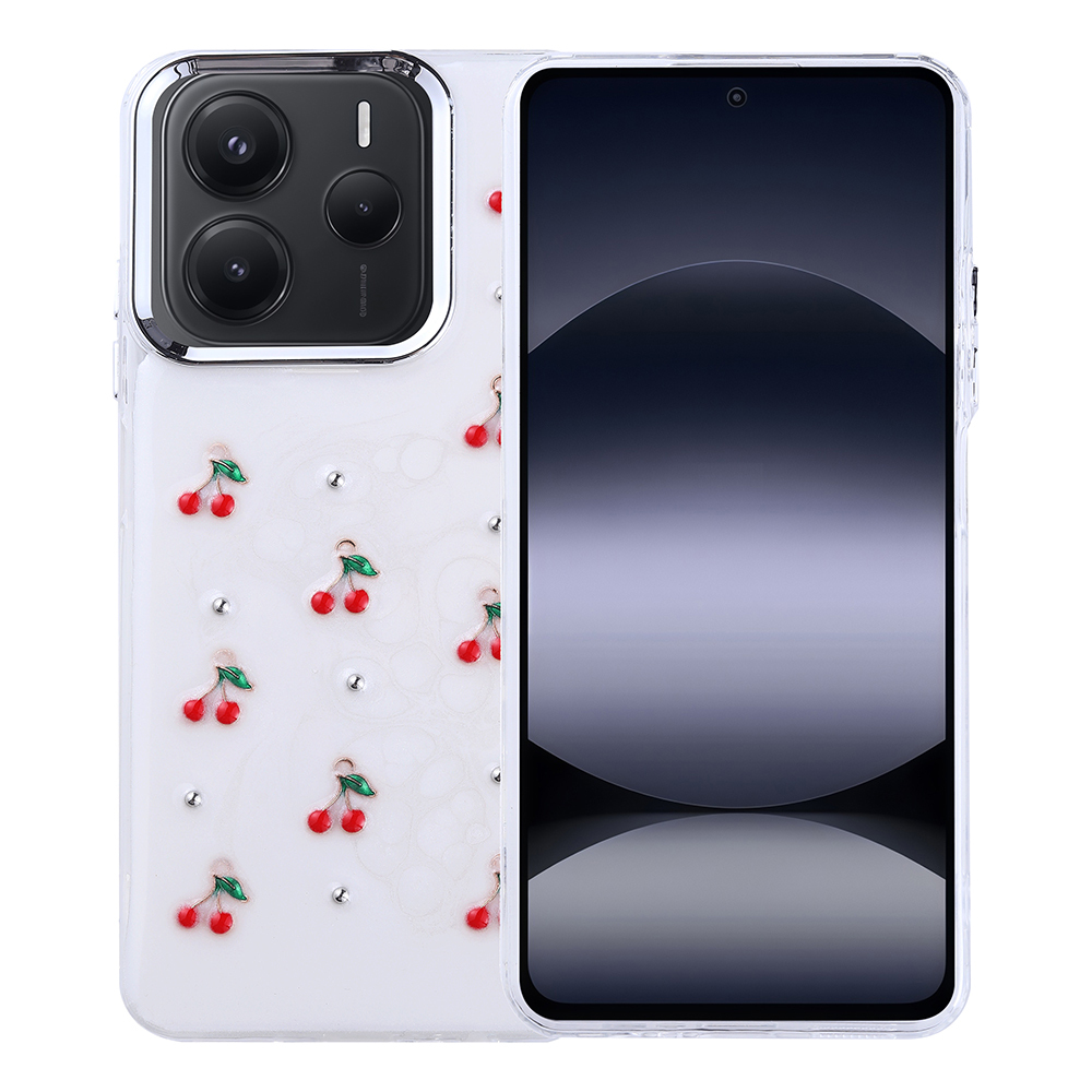 Kırmızı kiraz desenleri ve gümüş çivilerle süslenmiş şeffaf bir kılıf içinde bir telefon. Telefonun ekranı siyahtır.