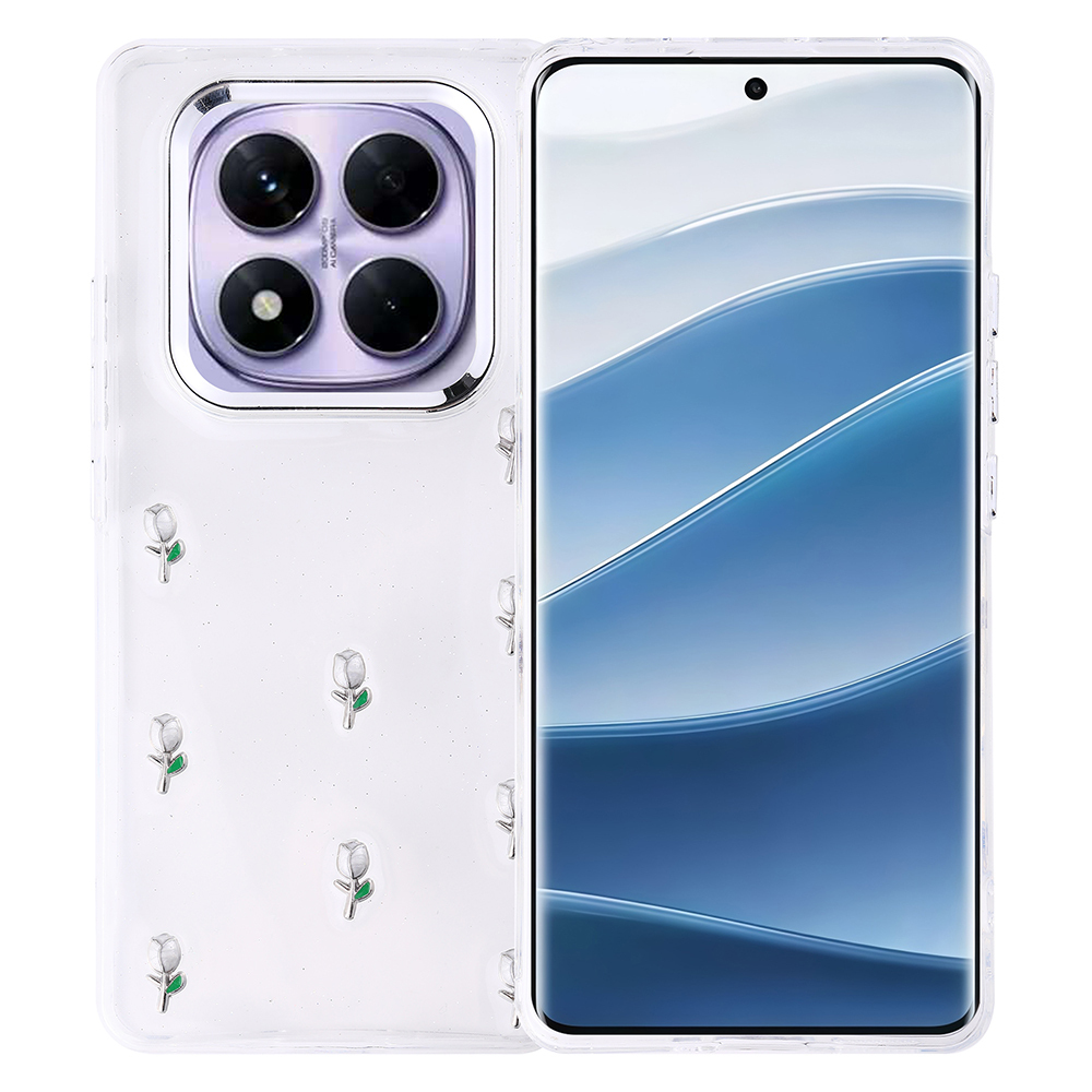 Beyaz çiçek desenli şeffaf bir telefon kılıfı bir akıllı telefonu kaplar. Telefon mavi ve beyaz bir duvar kağıdı gösteriyor.