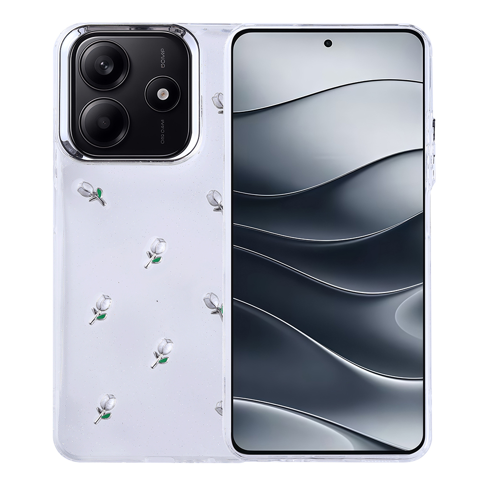 Beyaz çiçek detaylı şeffaf telefon kılıfı. Telefon ekranı gri bir geçiş gösteriyor. Kamera modülü görünür durumda.