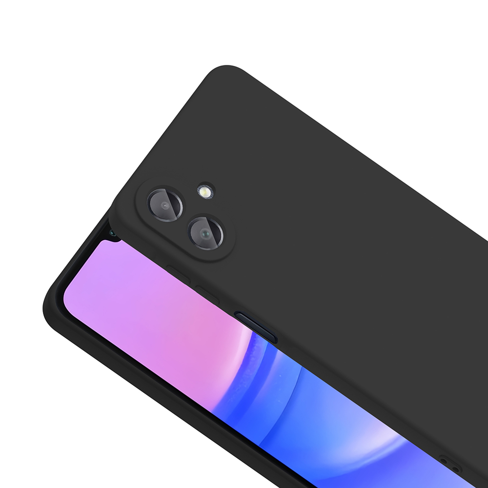 Mor ekranlı siyah bir telefon kılıfı. Çift kamera ve flaş görülüyor. Kılıf, beyaz bir arka plan üzerinde açılı duruyor.