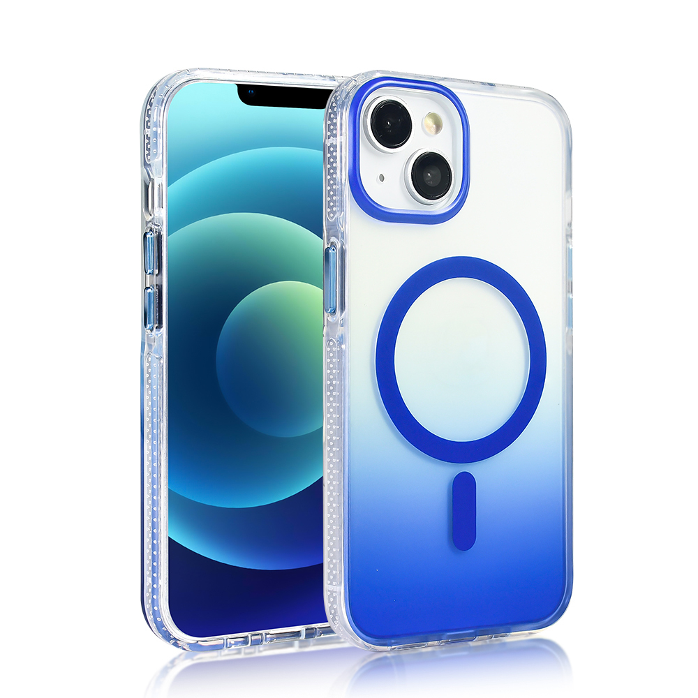 Mavi degradeye sahip şeffaf bir kılıf içinde bir iPhone. Kılıfın mavi bir halkası ve bir eksi işareti var. Ekran mavi.