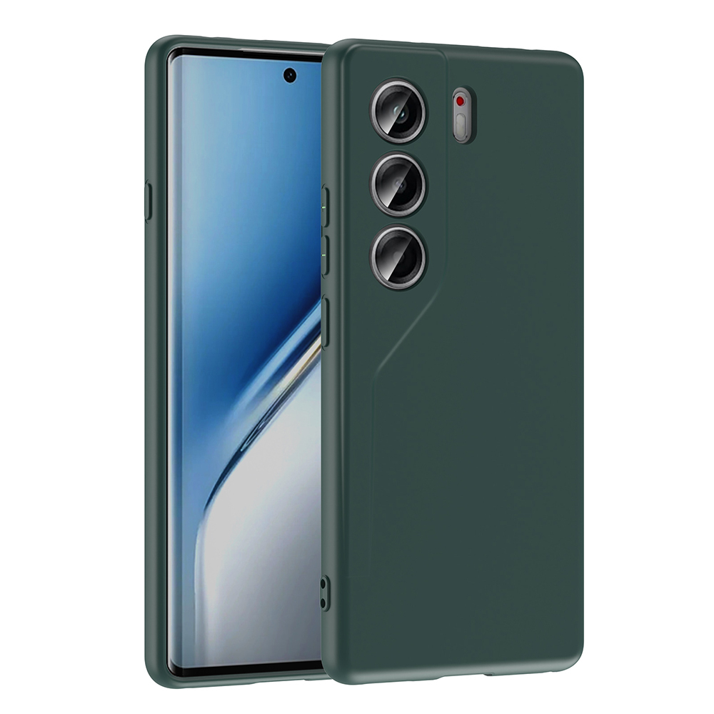 Ekranı ve eşleşen kılıfı olan koyu yeşil bir telefon. Telefonun arkasında üç kamera merceği görülebilir.