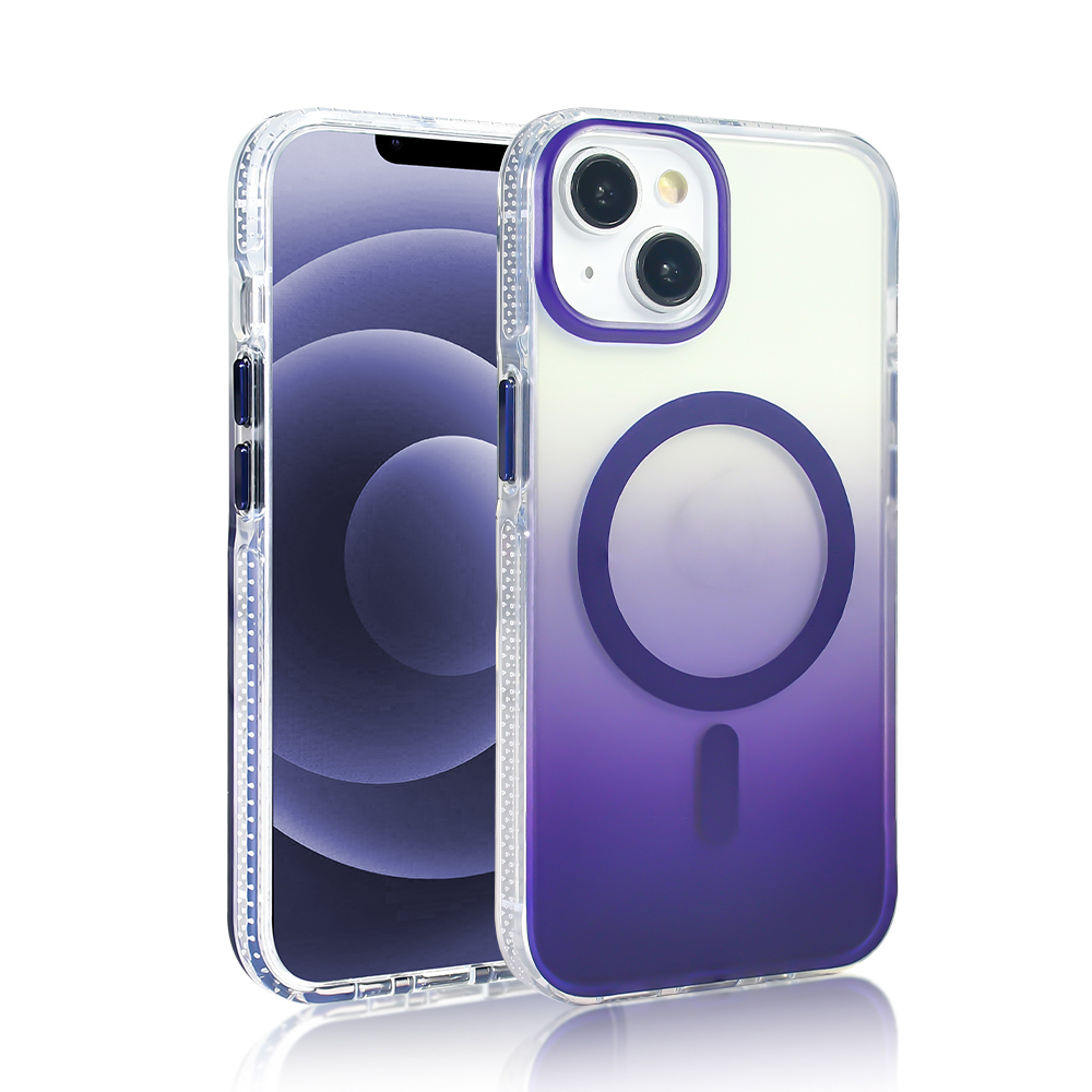 Şeffaf kılıflı iki iPhone. Bir kılıf, bir daire ve bir dikdörtgen ile mor bir degradeye sahiptir. Diğeri şeffaftır.