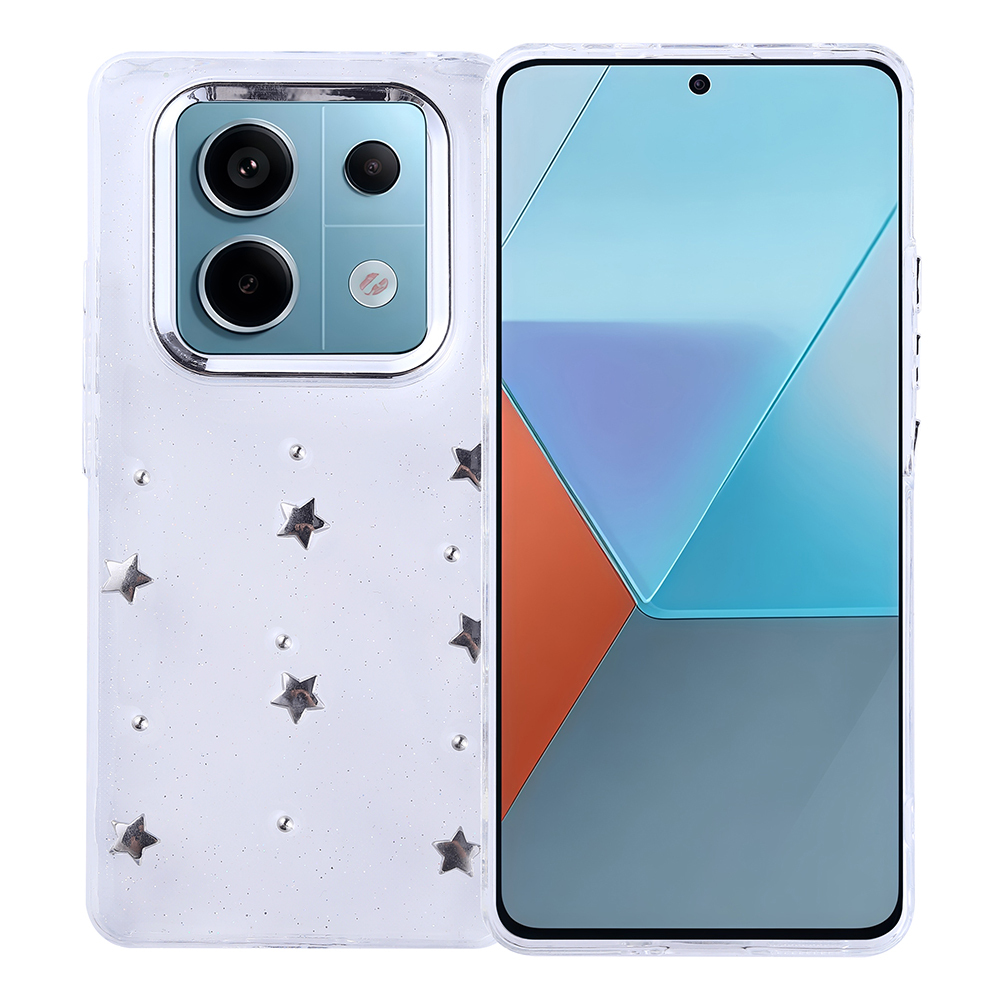 Gümüş yıldızlı şeffaf kılıf içinde bir akıllı telefon. Ekran, mavi ve turuncu geometrik şekiller gösteriyor.