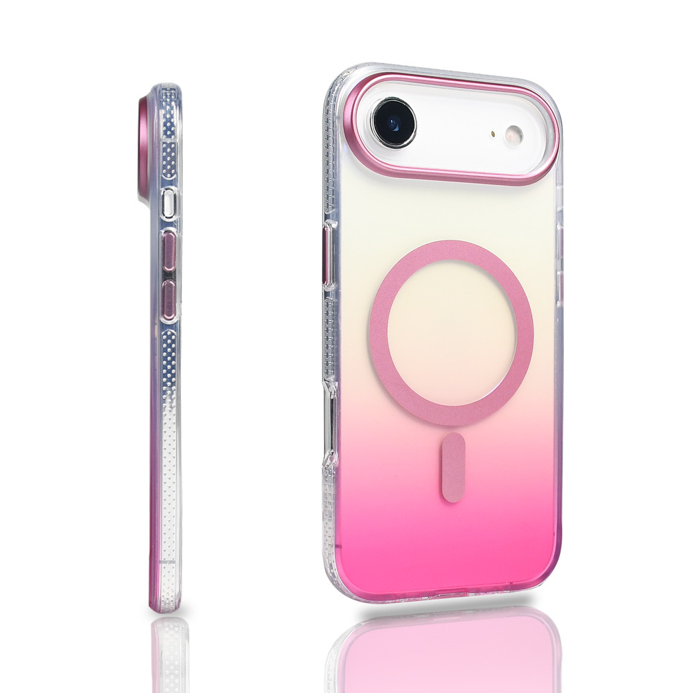 Pembe gradyanlı, pembe halkalı ve düğmeleri gösteren yan görünümü olan şeffaf bir telefon kılıfı. Arka plan beyazdır.