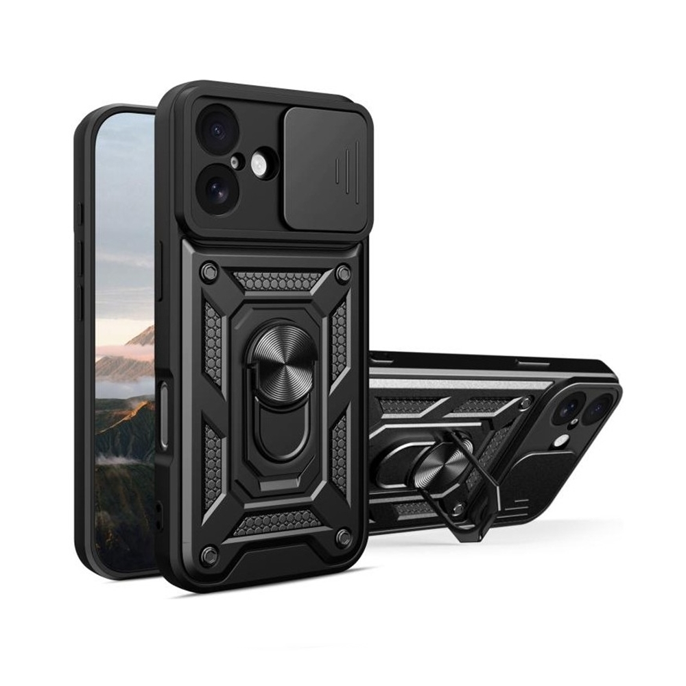 Kamera kapağı ve halka tutucu ile siyah telefon kılıfı. Dağ resmi olan bir telefon. Yanında başka bir telefon kılıfı.