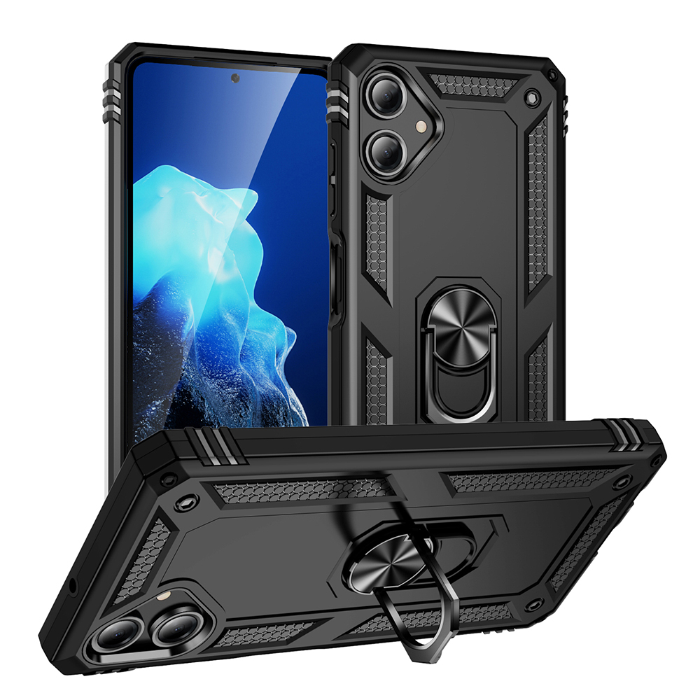 Standlı siyah telefon kılıfı. Telefon mavi ve beyaz soyut bir görüntü gösteriyor. Kılıf halka tutucuya sahip.