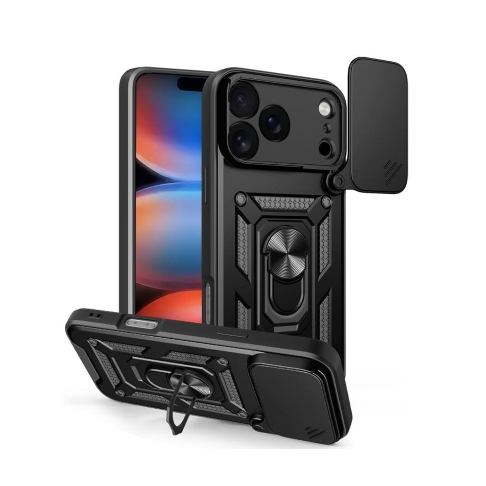 Siyah telefon kılıfı, kamera kapağı ve halka standı. Telefon ekranı görünür. Beyaz zemin üzerine izole edilmiş.