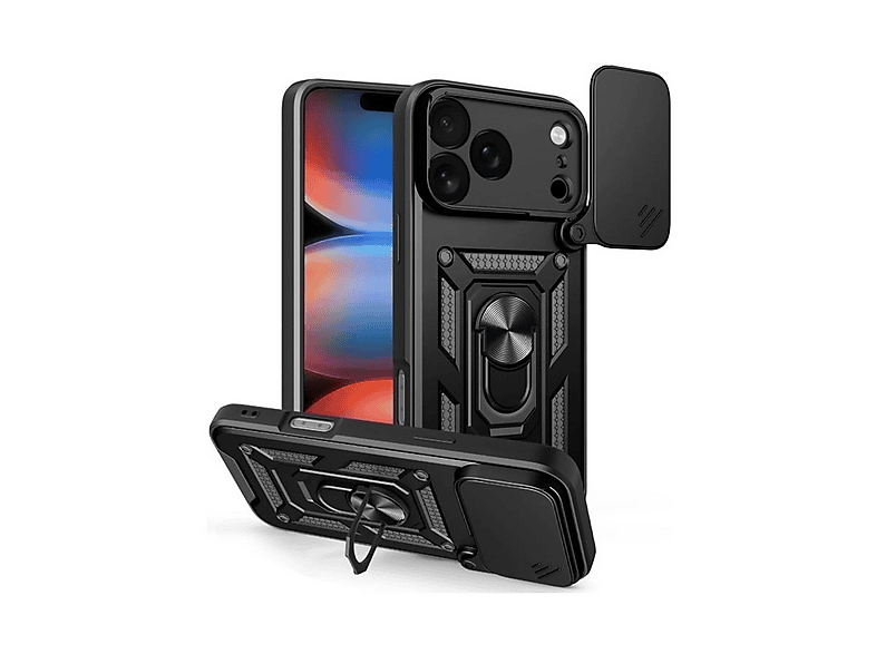 GPACK iPhone 17 Pro Max Uyumlu Pars Sürgülü Kamera Korumalı Yüzüklü Sert Silikon Telefon Kılıfı Siyah