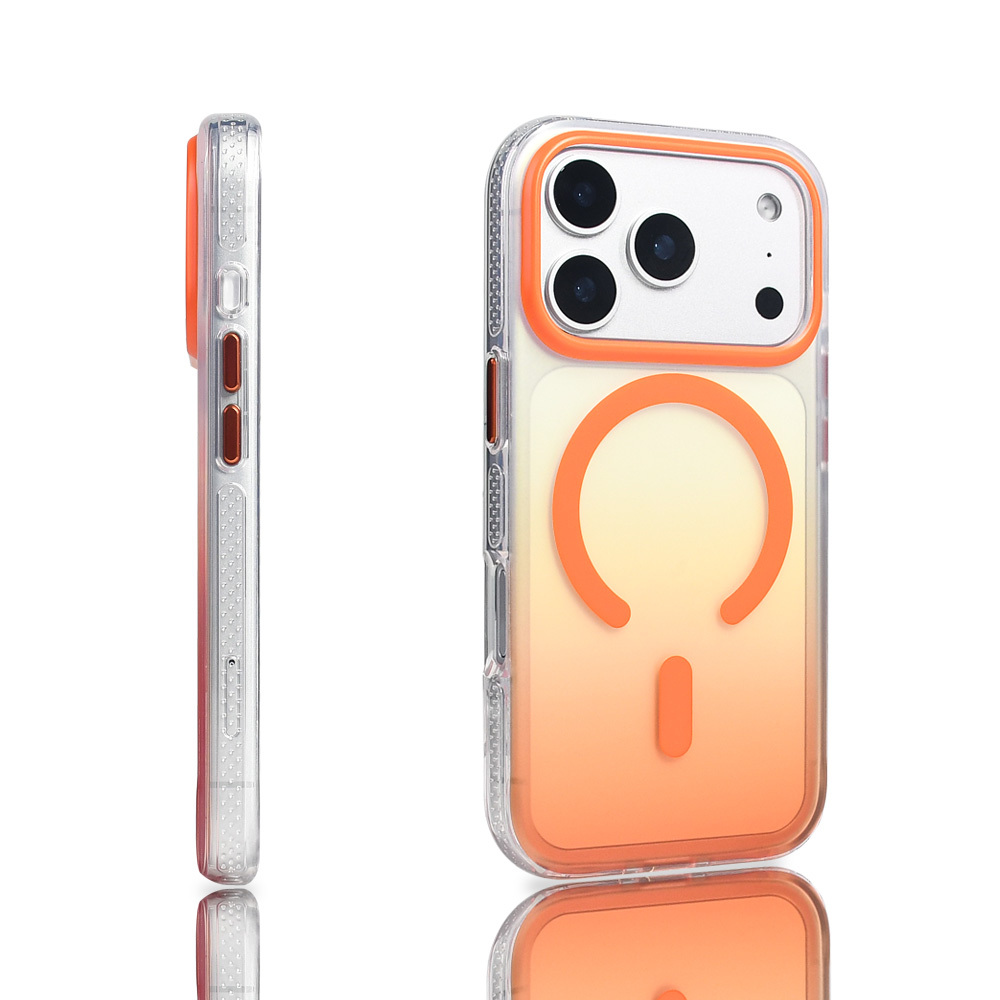 Turuncu detaylara, gradyan arka kısma ve dairesel tasarıma sahip şeffaf iPhone kılıfı. İki açı kılıfın yanını ve arkasını gösteriyor.