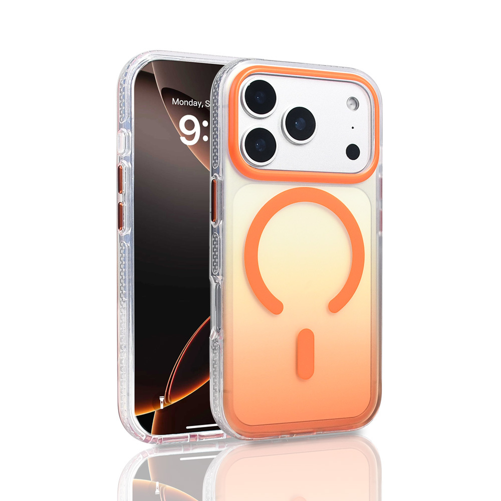 Turuncu manyetik halkalı şeffaf bir kılıf içinde bir iPhone. Ekran tarih ve saati gösteriyor. Kılıf turuncu bir degradeye sahip.