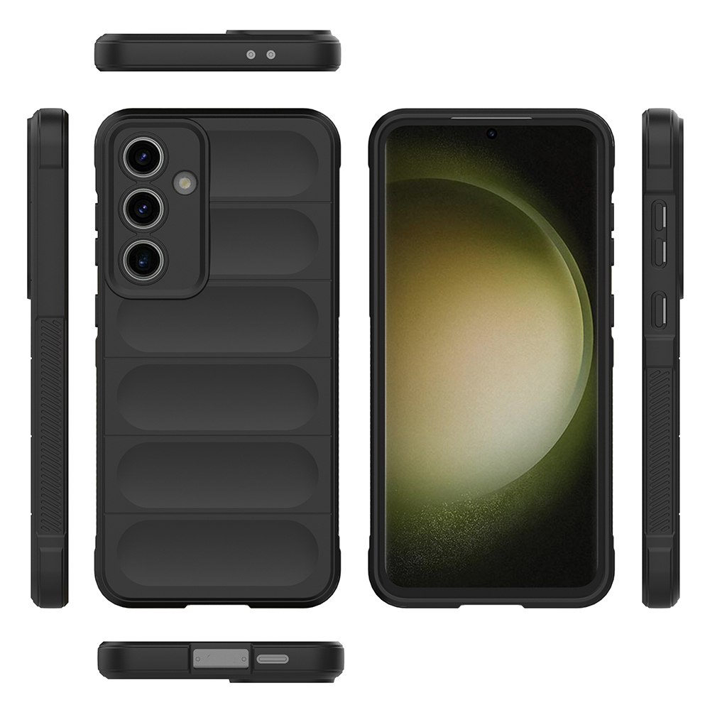 Dokulu tasarıma sahip siyah bir telefon kılıfı, ön, arka, üst ve yan görünümleri sergiliyor. Ekran bir gradyan görüntülüyor.