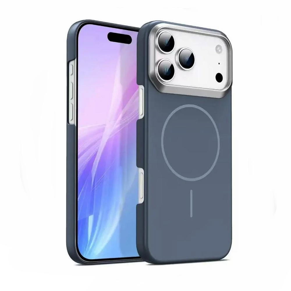 Mavi bir kılıfa sahip bir akıllı telefon, ekranı ve arkası bir daire ve bir çizgi ile gösteriliyor. Kılıfın gümüş bir kamera çerçevesi var.