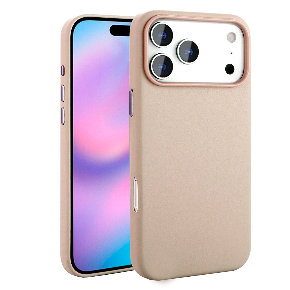 İçinde bir telefon bulunan ten rengi bir telefon kılıfı. Kılıfın üç kamerası ve pembe bir kenarlığı var.