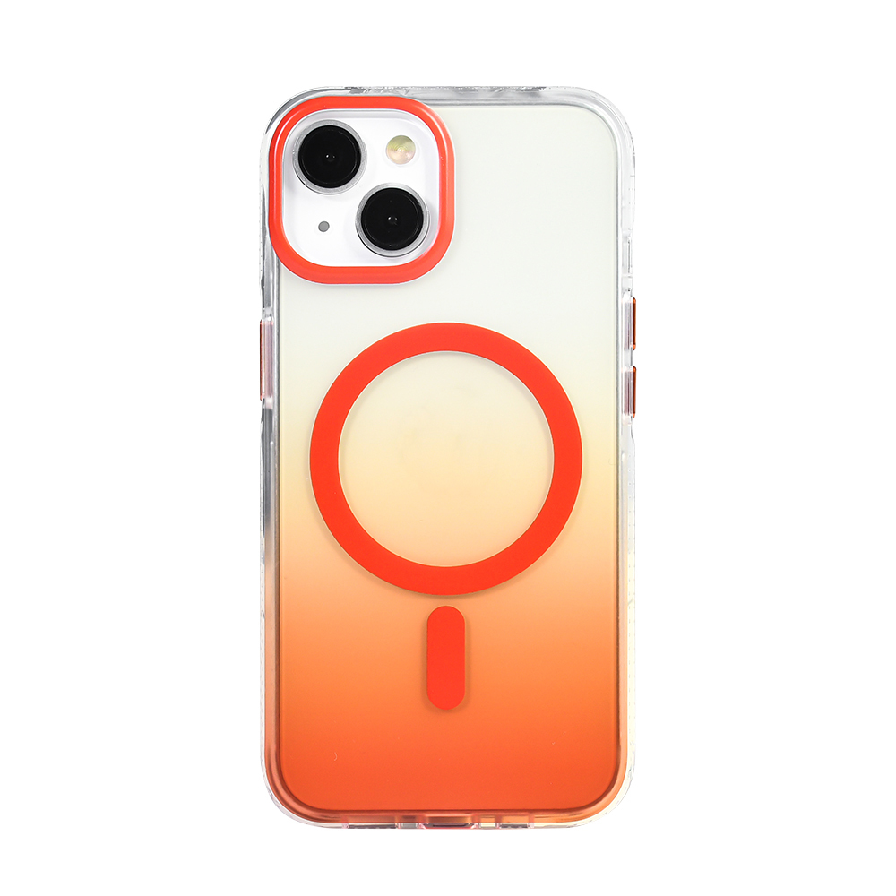 Turuncu degrade, kırmızı vurgular ve arka tarafta daire/çizgi tasarımına sahip şeffaf telefon kılıfı.
