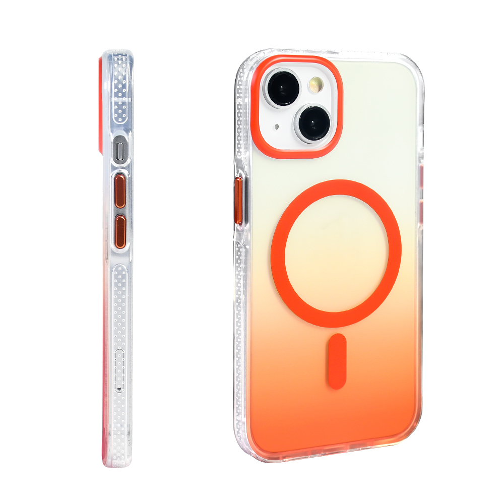 İki telefon kılıfı gösteriliyor. Biri yan görünüm, diğeri arka tarafı. Turuncu degrade ve turuncu vurgularla şeffaflar.
