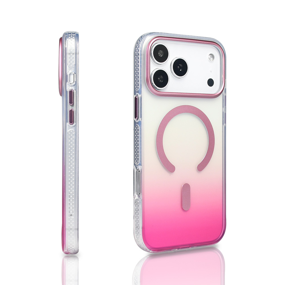 Pembe gradyanlı iki şeffaf telefon kılıfı. Biri yan tarafı, diğeri kamera delikleri ve pembe bir daire ile arka tarafı gösteriyor.