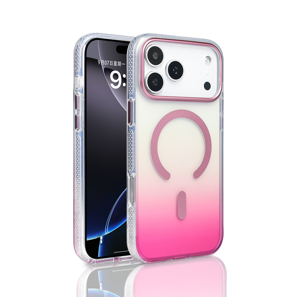 Pembe ve beyaz degrade kılıflı bir iPhone. Kılıf manyetik halka tasarımına sahip. Ekran saat ve tarihi gösteriyor.