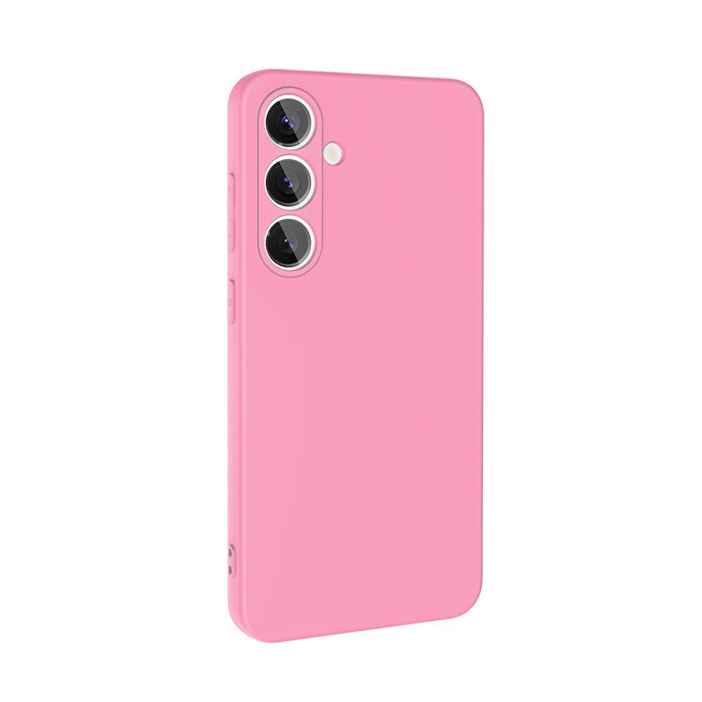 Üç kamera merceği ve bir flaş bulunan pembe bir telefon kılıfı. Kılıf pürüzsüzdür ve telefonun arka ve yanlarını kaplar.
