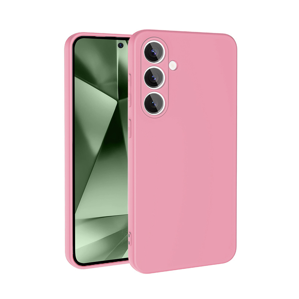 İçinde bir telefon bulunan pembe bir telefon kılıfı. Kılıfın üç kamera kesimi ve bir düğmesi var. Ekran yeşil bir tasarım gösteriyor.