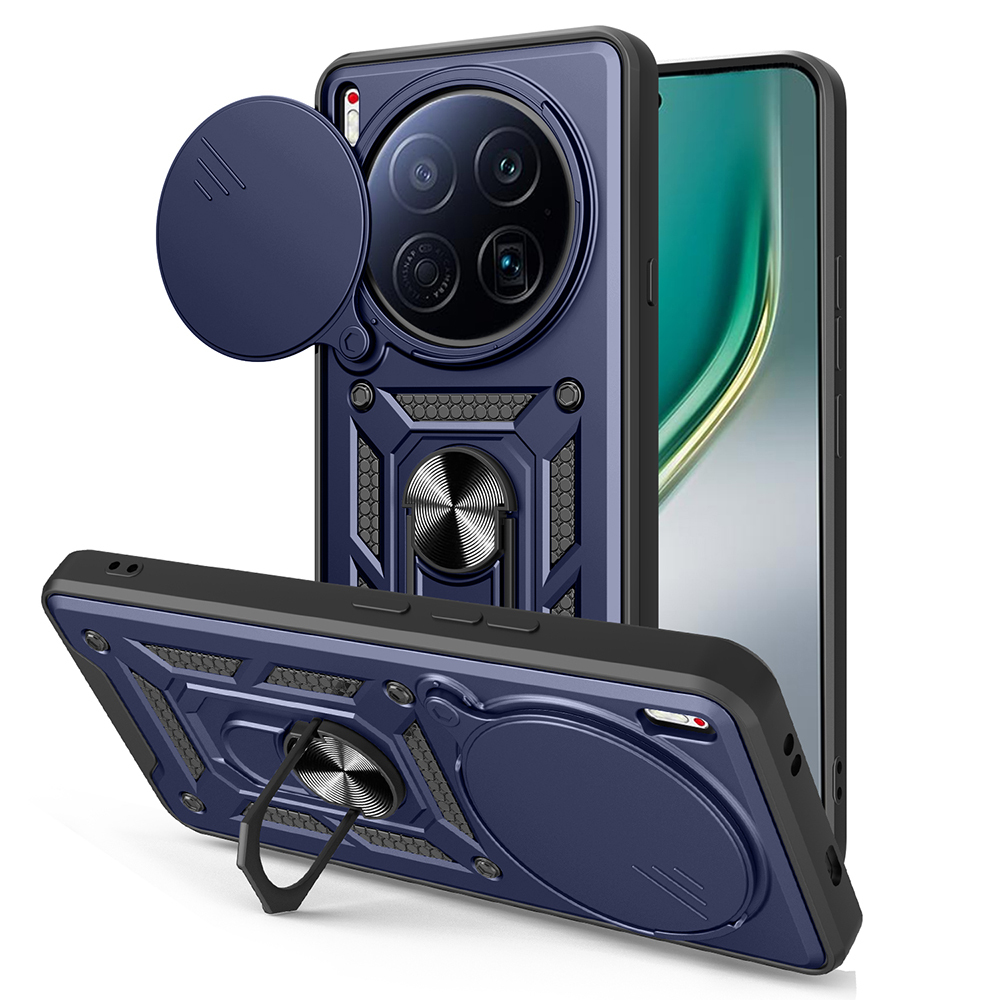 Halkalı tutucu ve kamera koruması olan koyu mavi bir telefon kılıfı sergileniyor. Telefon ekranı yeşil bir degrade ile görülebilir.