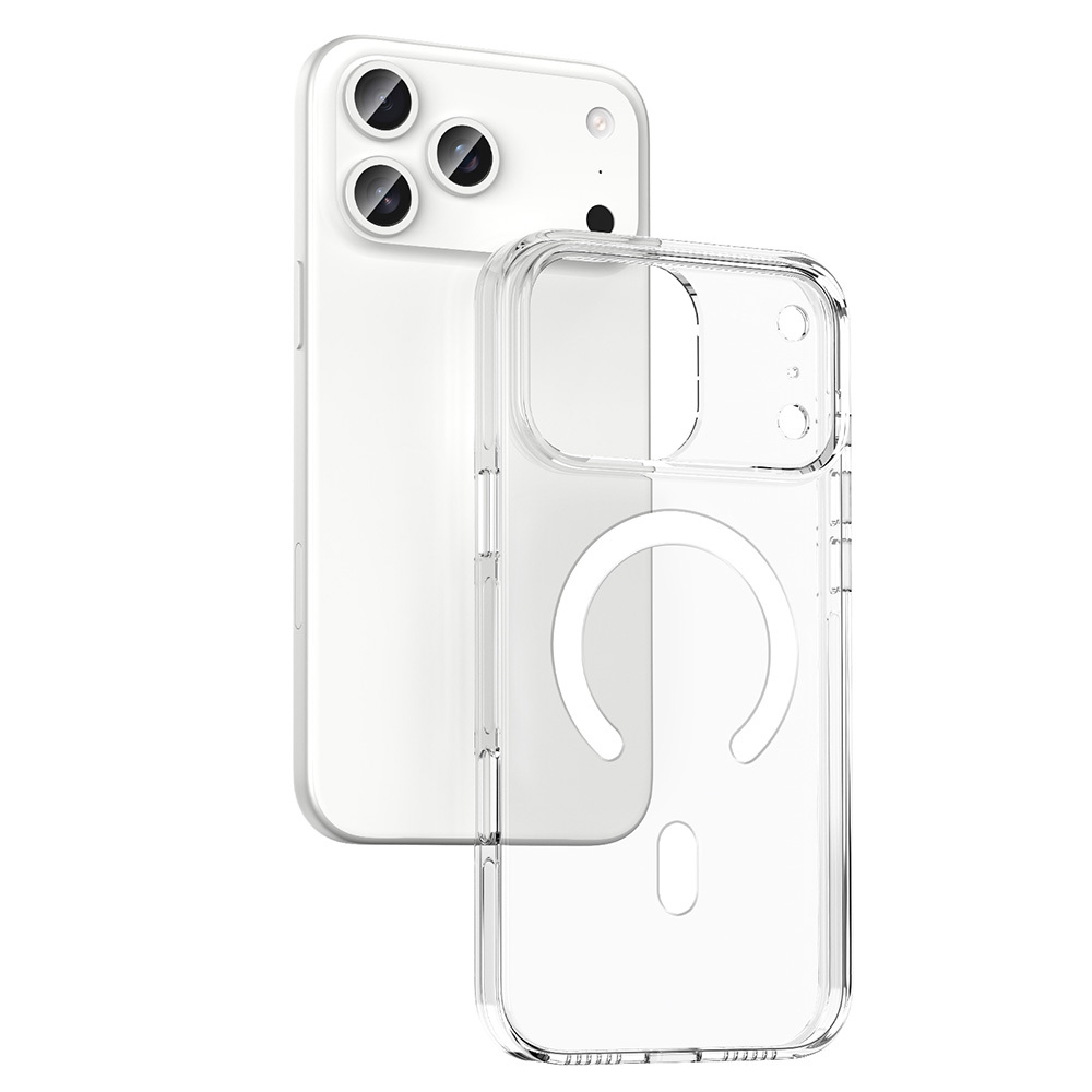 Şeffaf bir kılıf içinde bir iPhone. Telefon, üç kamera lensiyle beyaz renkte. Kılıf şeffaf ve telefonun tasarımını gösteriyor.
