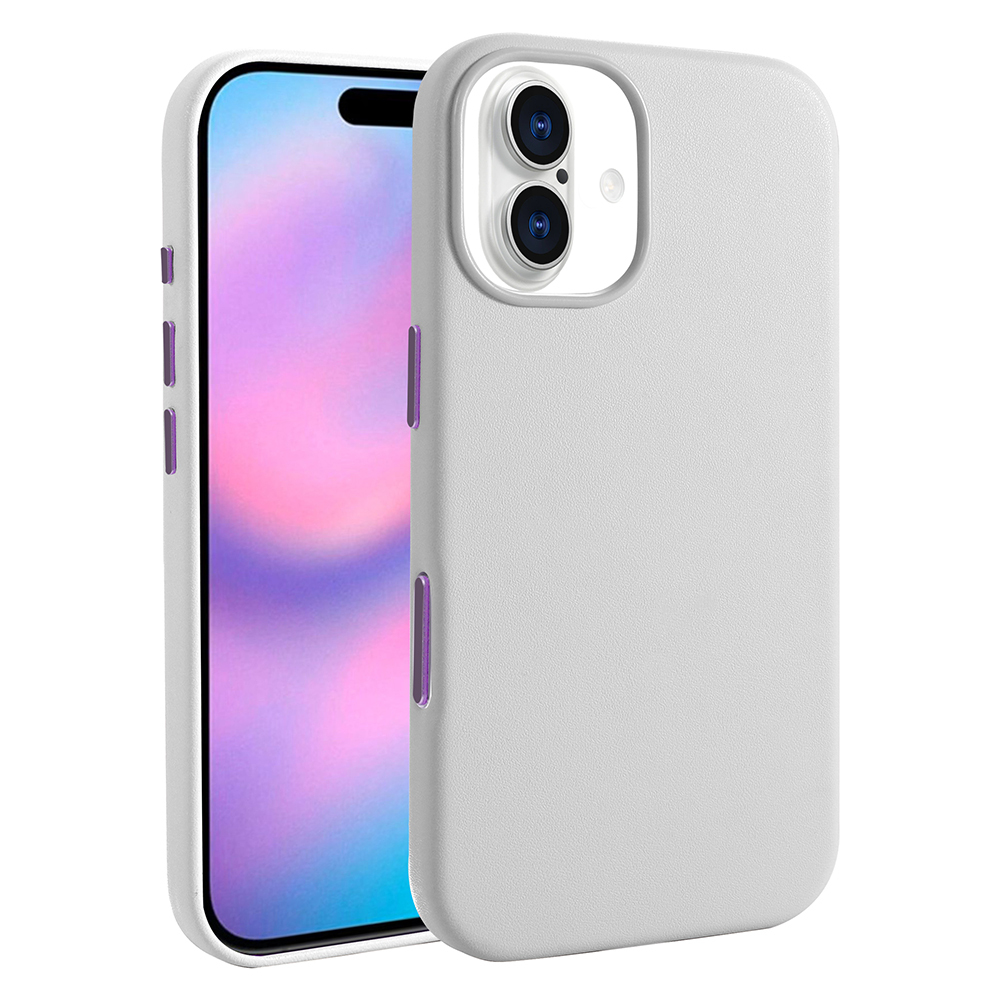 İçinde bir telefon bulunan beyaz bir telefon kılıfı. Telefon ekranı pembe ve mavi renkleri gösteriyor. Kılıfın mor düğmeleri var.