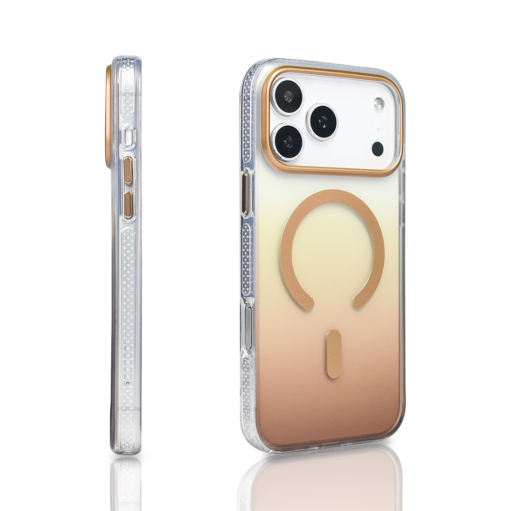 İki telefon kılıfı, biri yan görünüm, diğeri ön görünüm. Her ikisi de altın renk geçişli ve altın detaylı şeffaftır. Beyaz bir yüzey üzerindedirler.