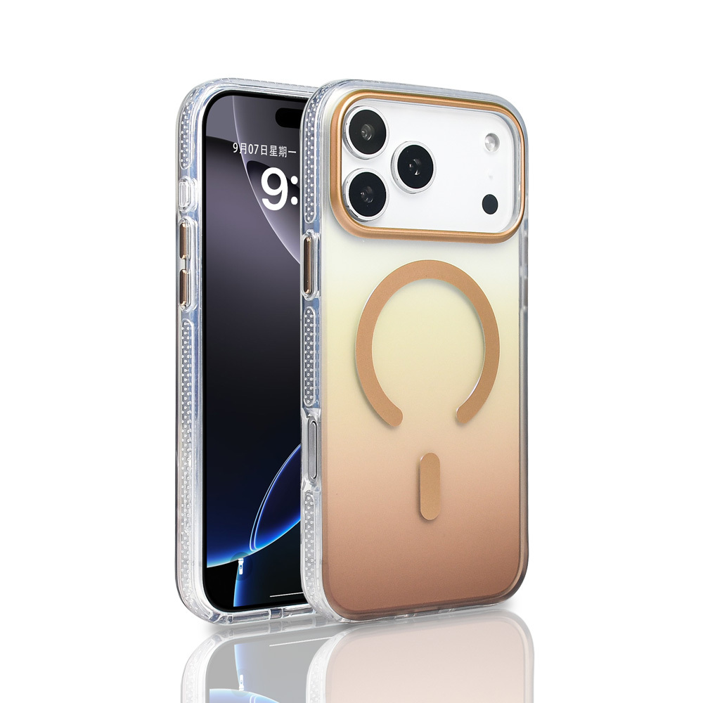 Şeffaf ve altın renk geçişli kılıf içinde bir iPhone, arkasında manyetik bir halka var. Ekran tarih ve saati gösteriyor.