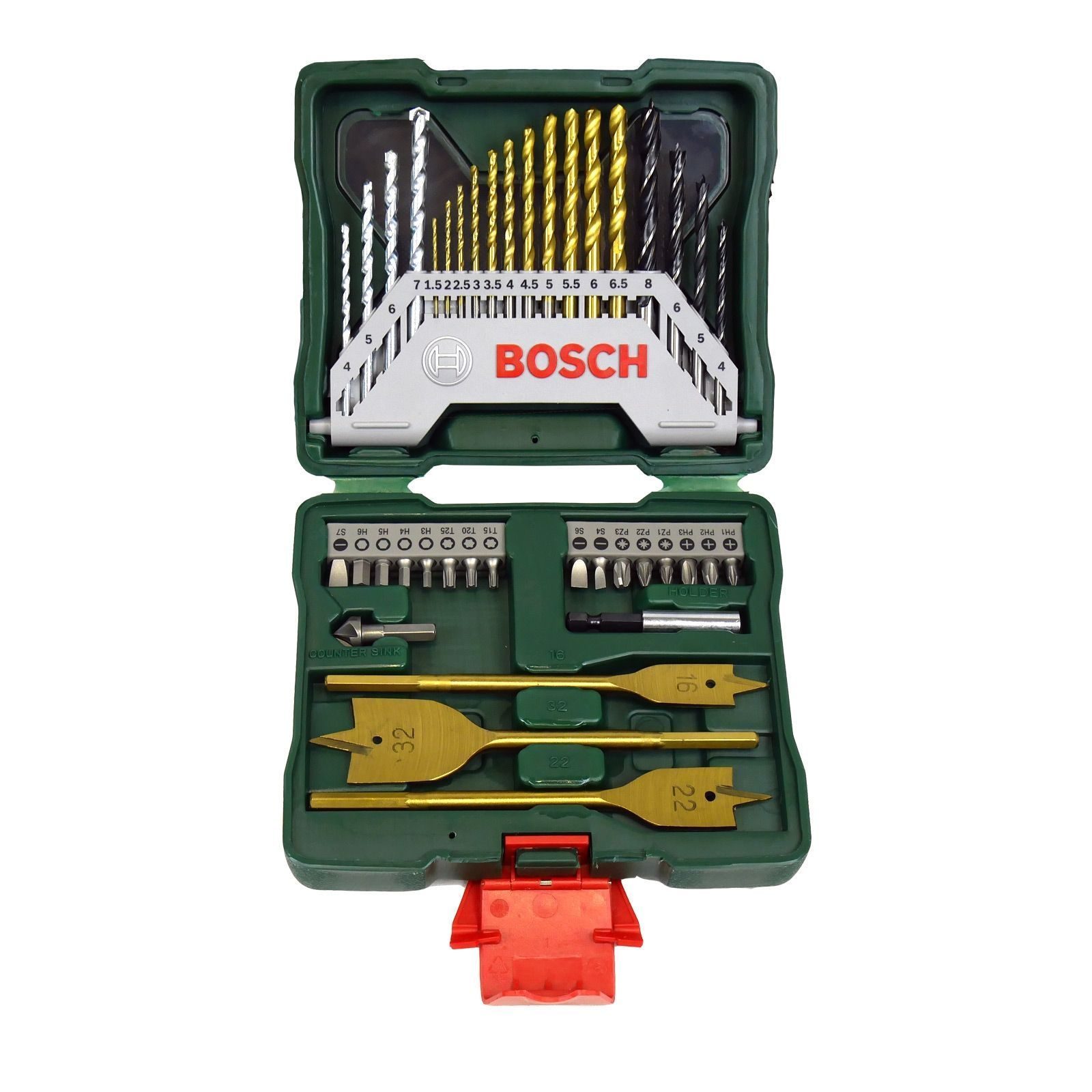 Yeşil bir Bosch matkap ucu seti, çeşitli matkap uçları ve tornavida başlıkları ile, kırmızı bir mandalla yeşil bir kasada düzenlenmiş.