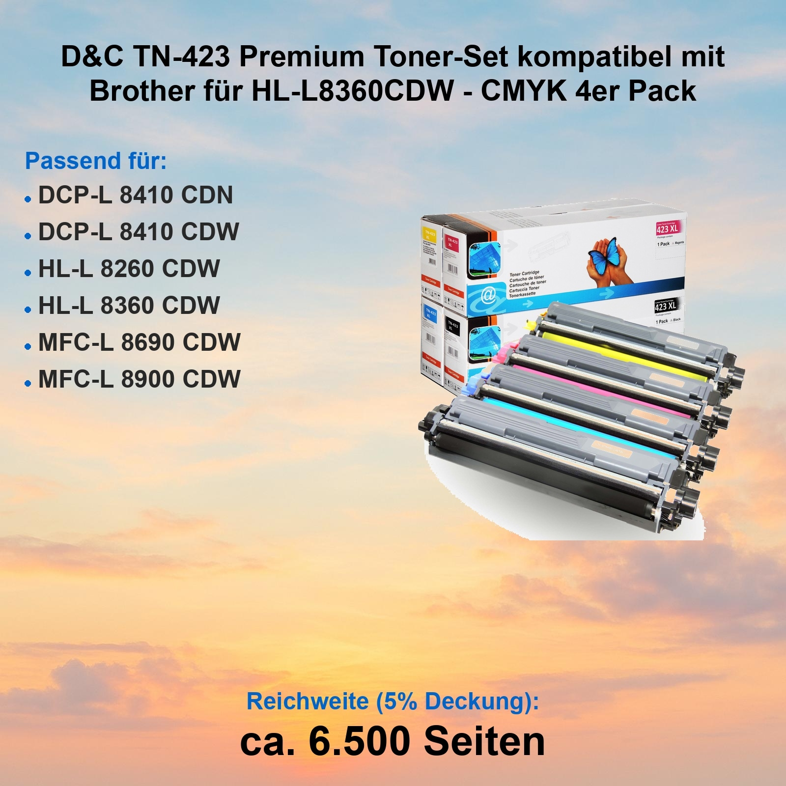 Das Bild zeigt Tonerkartuschen mit einer Box, Text und einem blauen Himmel im Hintergrund. Die Patronen sind bunt.