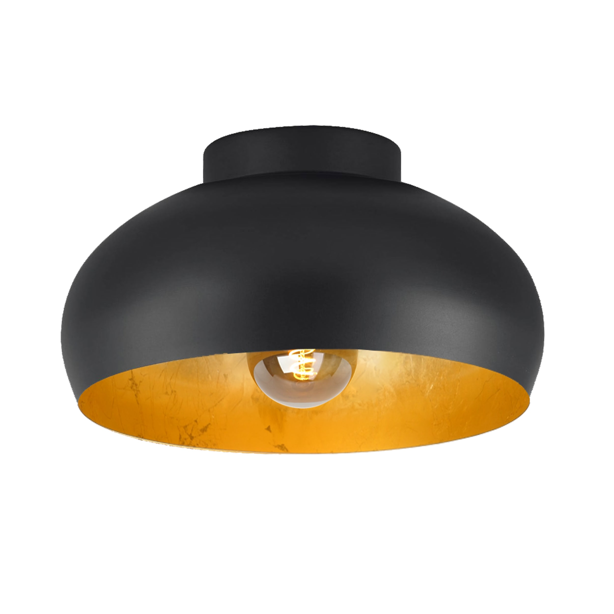Una plafoniera nera con interno dorato. Si vede una lampadina. Sfondo bianco.