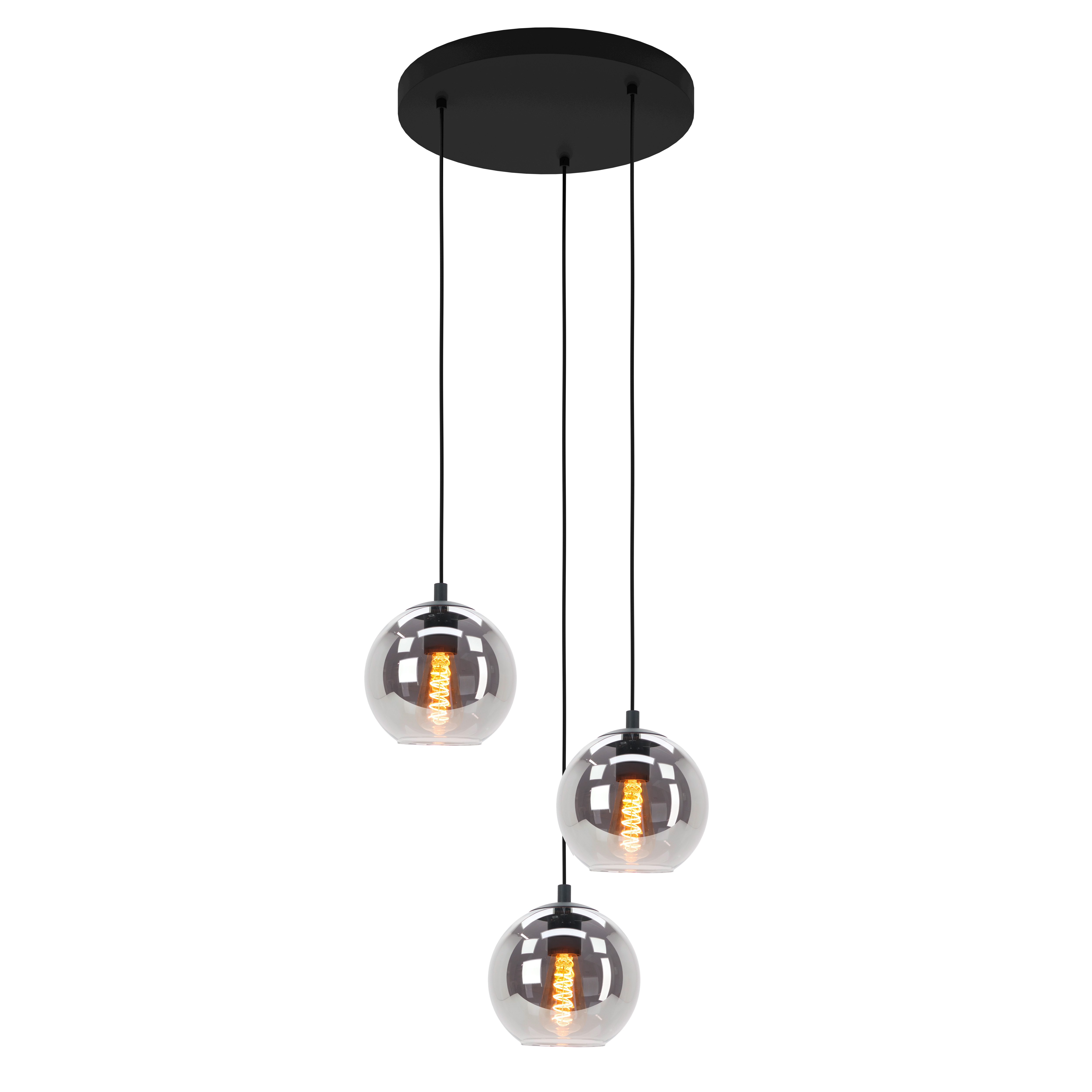 Tre lampade a sospensione con globi di vetro. Ognuno ha una lampadina a spirale. Le luci pendono da una placca nera.